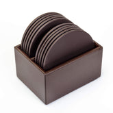 Chocolate Brown Leather 10 Round Coaster Set w/ Holder